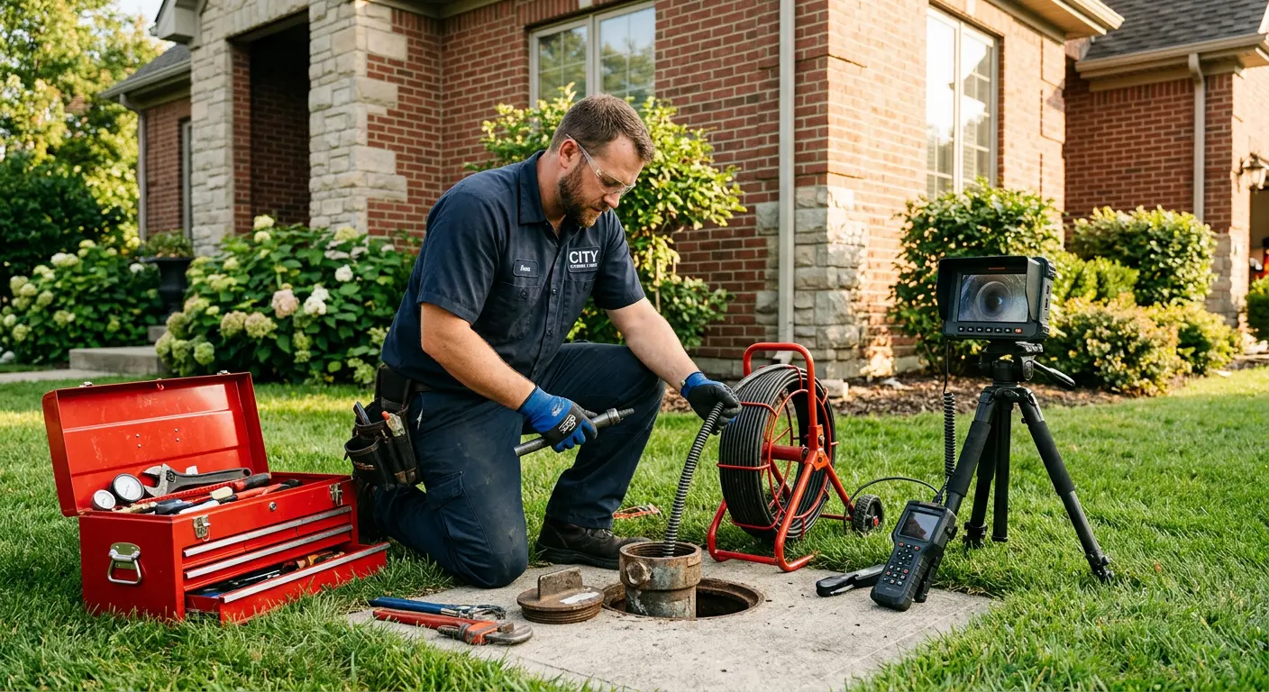 Sewer specialist with camera equipment servicing a cleanout in Matthews