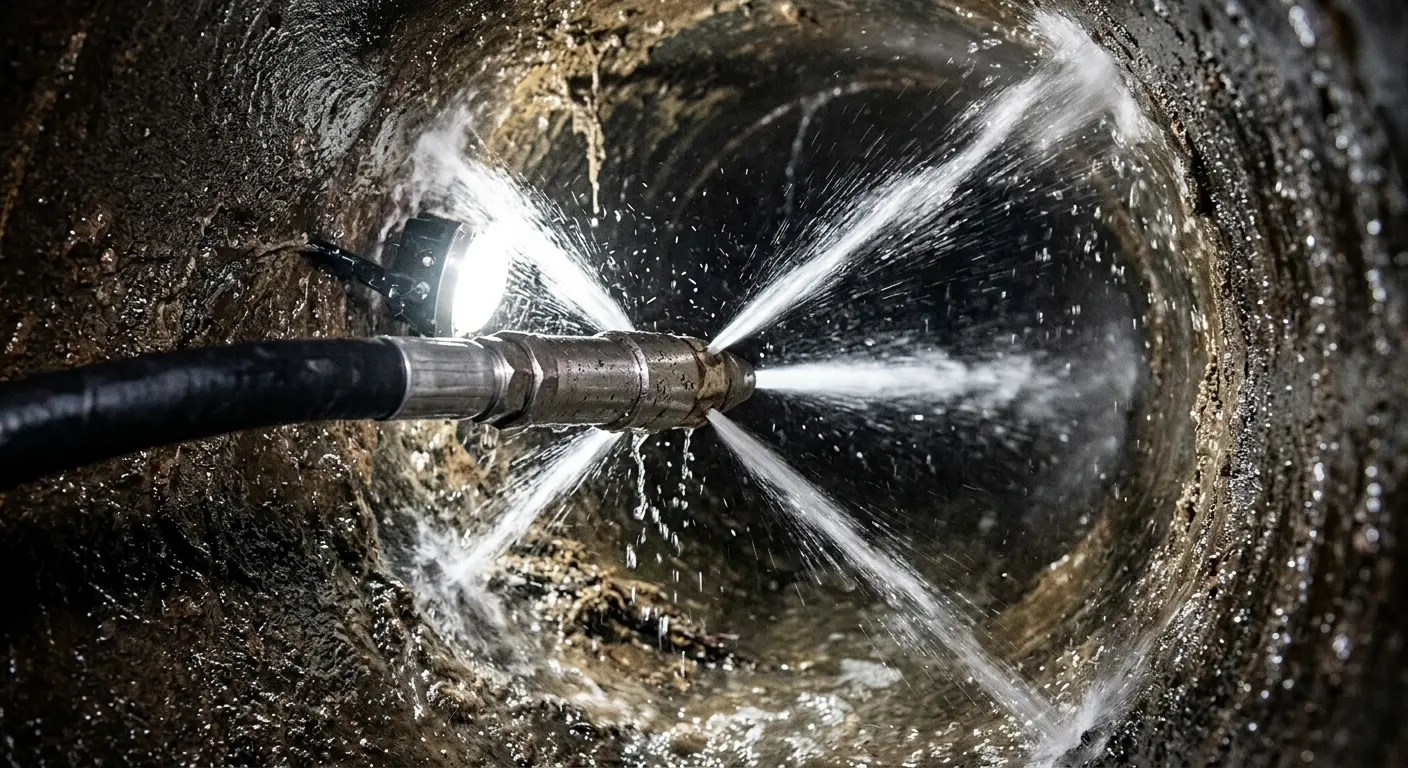 High-pressure hydro jetting nozzle cleaning sewer pipe for Sewer Cleanout in Matthews