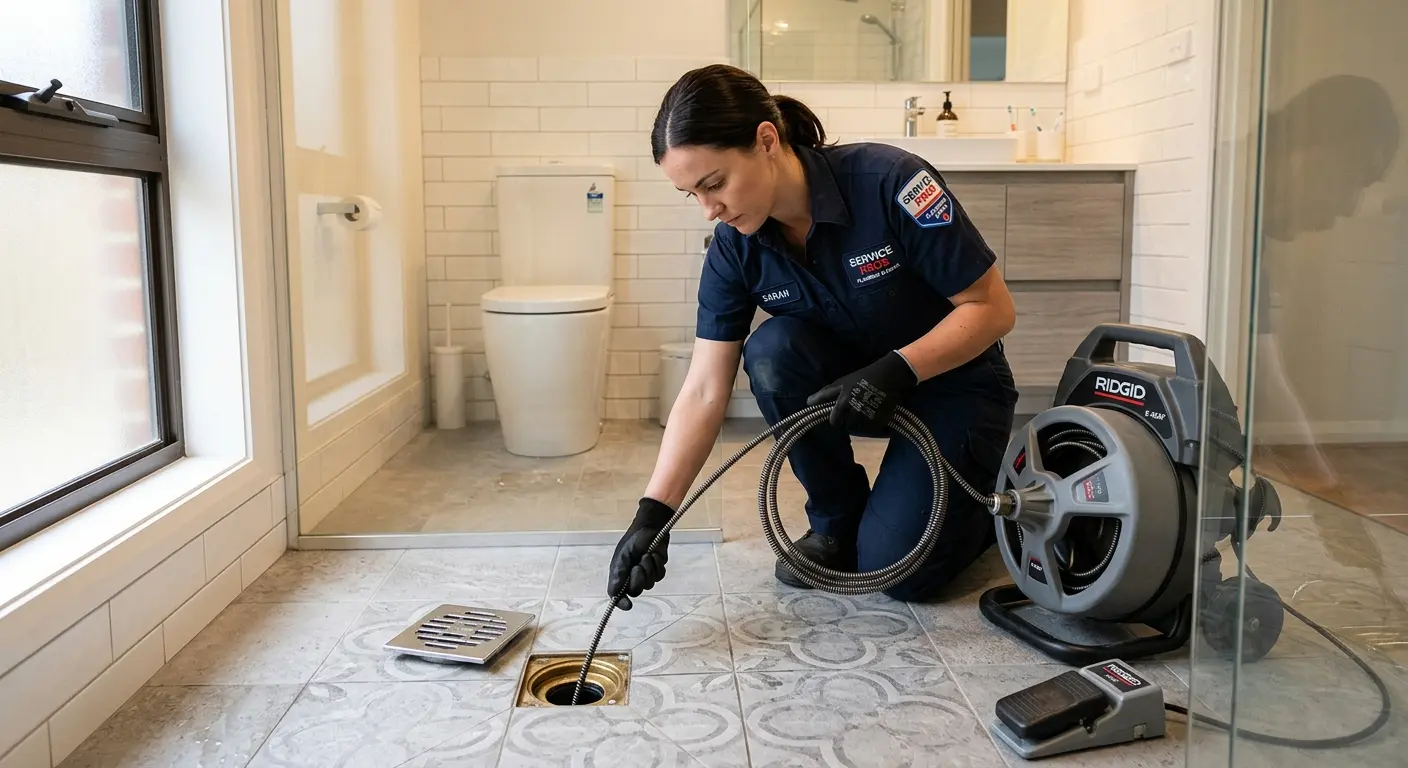 Technician clearing a bathroom floor drain for Sewer Line Replacement in Matthews